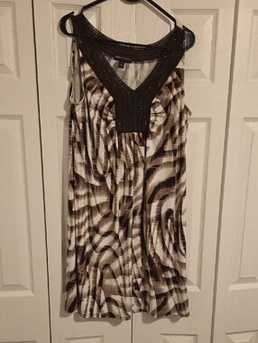 Dana Buchman Brown and Cream Sleeveless Midi Dress with Beaded V-Neck